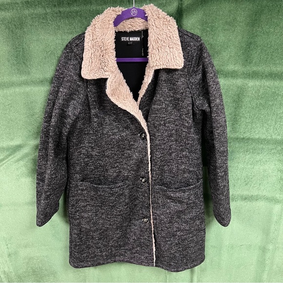 Steve Madden women’s black/gray fuzzy fleece button up winter coat - Picture 1 of 4
